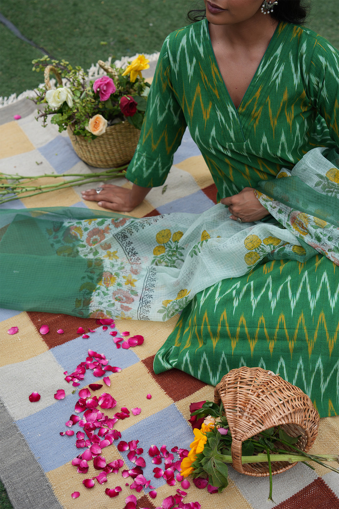 Roohani Green Ikat Kurta with Kota Doria Dupatta set of 2