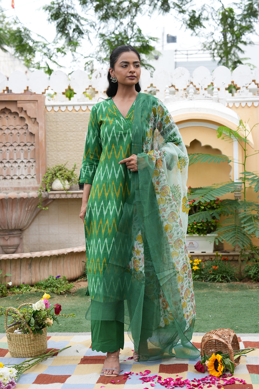 Roohani Green Ikat Kurta with Kota Doria Dupatta set of 2