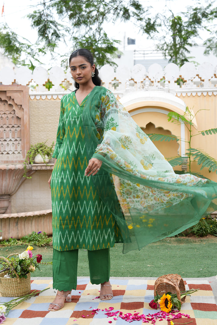 Roohani Green Ikat Kurta with Kota Doria Dupatta set of 2