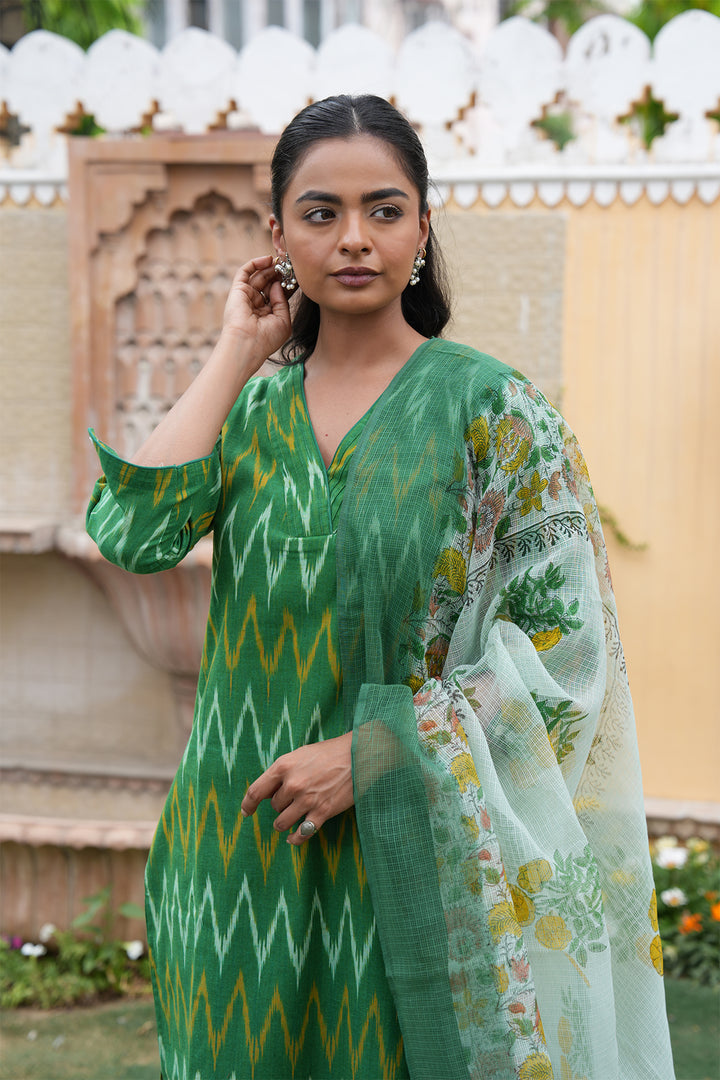 Roohani Green Ikat Kurta with Kota Doria Dupatta set of 2