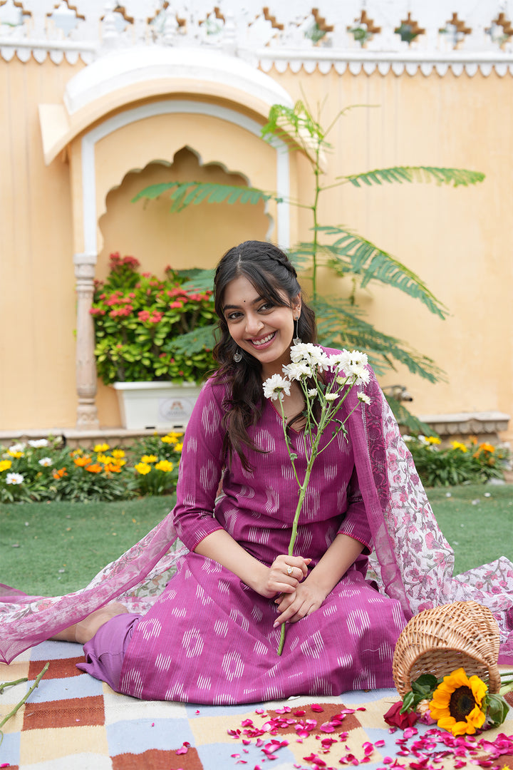 Roohani Purple Ikat Kurta with Kota Doria Dupatta set of 2