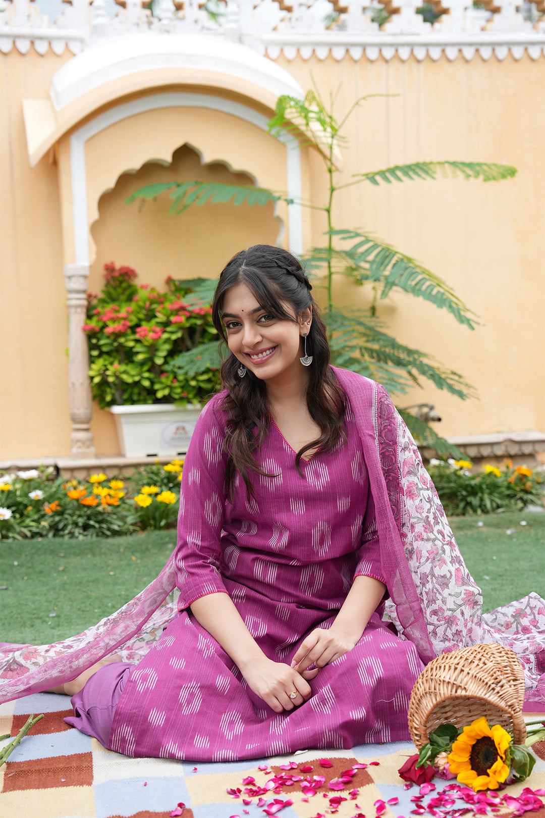 Roohani Purple Ikat Kurta with Kota Doria Dupatta set of 2