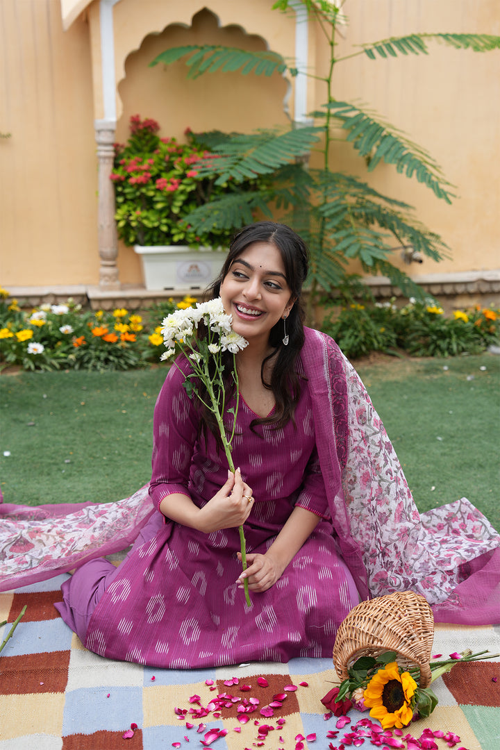 Roohani Purple Ikat Kurta with Kota Doria Dupatta set of 2