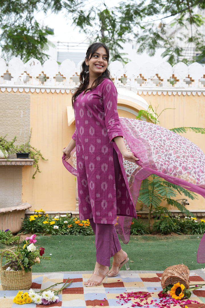 Roohani Purple Ikat Kurta with Kota Doria Dupatta set of 2