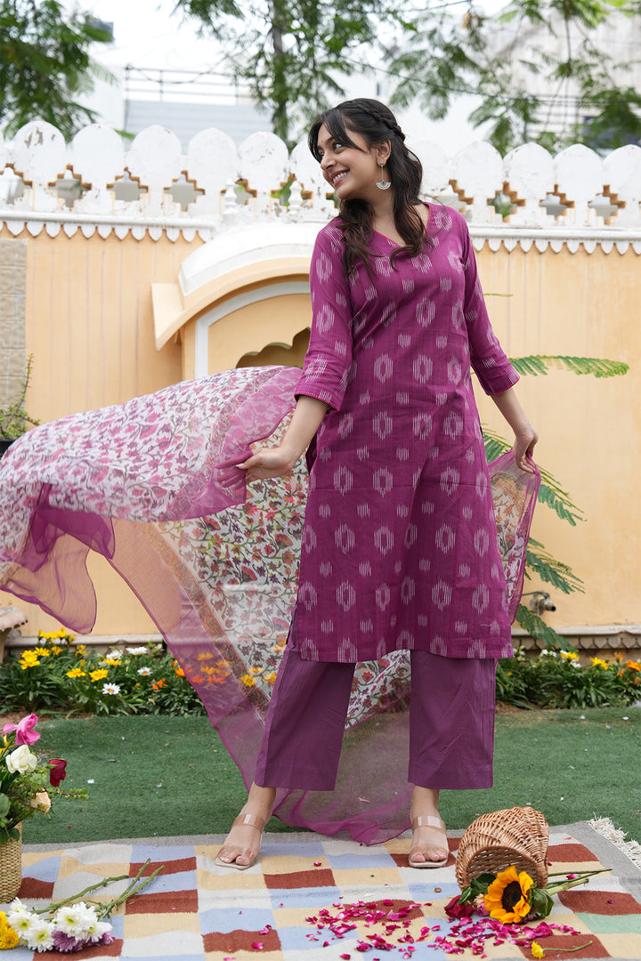 Roohani Purple Ikat Kurta with Kota Doria Dupatta set of 2