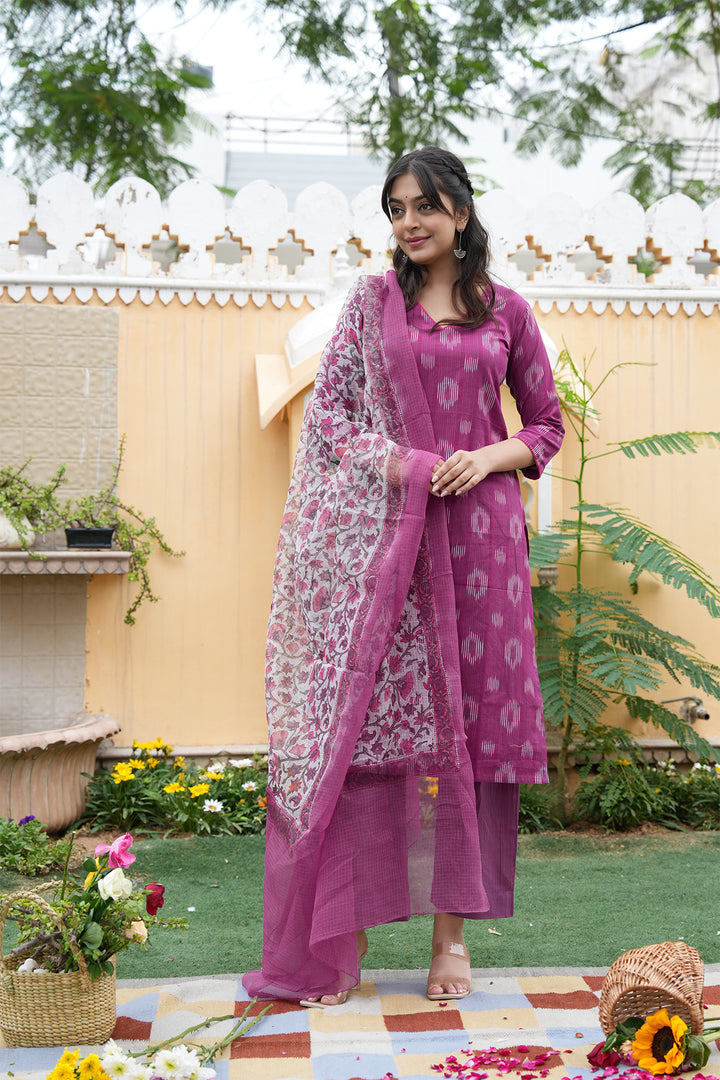 Roohani Purple Ikat Kurta with Kota Doria Dupatta set of 2