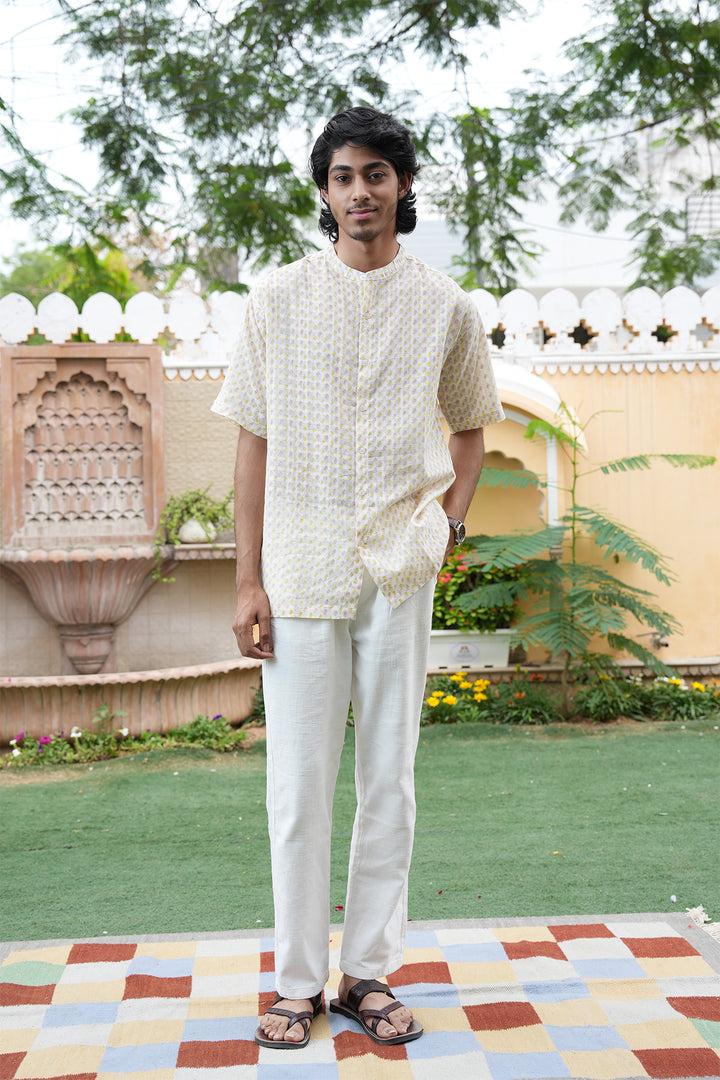 Vaayu Cream Block Printed Cotton Dobby Shirt