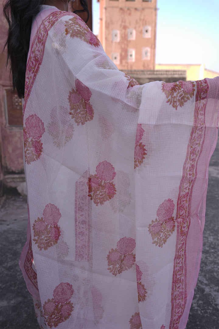 Safaid White Kurta with Pink Buti Farshi Salwar Set of 3