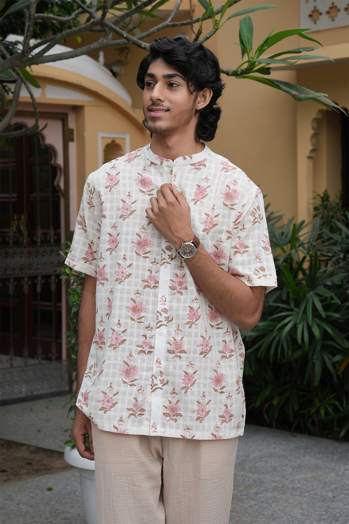 Vaayu Pink Block Printed Cotton Dobby Shirt