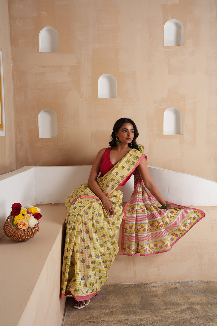 Aura Yellow Checks Chanderi Saree