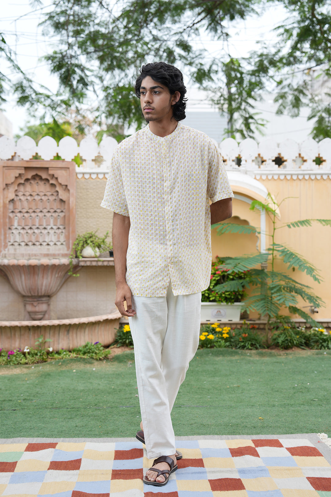 Vaayu Cream Block Printed Cotton Dobby Shirt