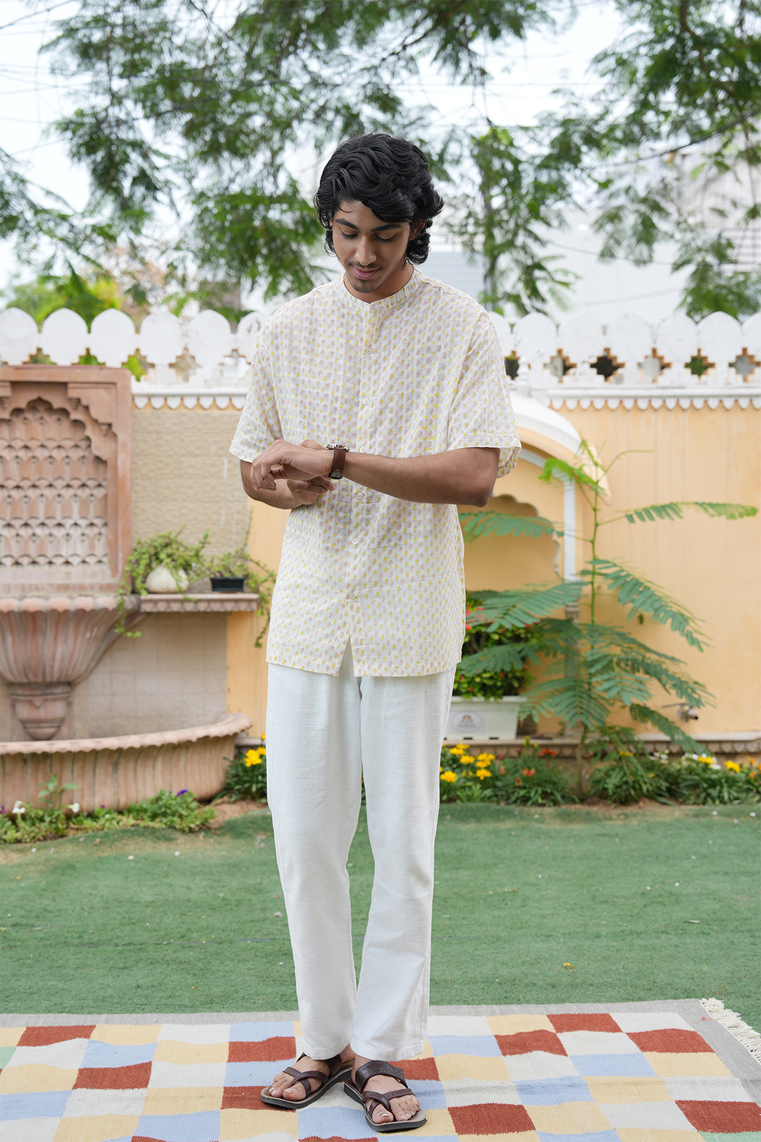 Vaayu Cream Block Printed Cotton Dobby Shirt