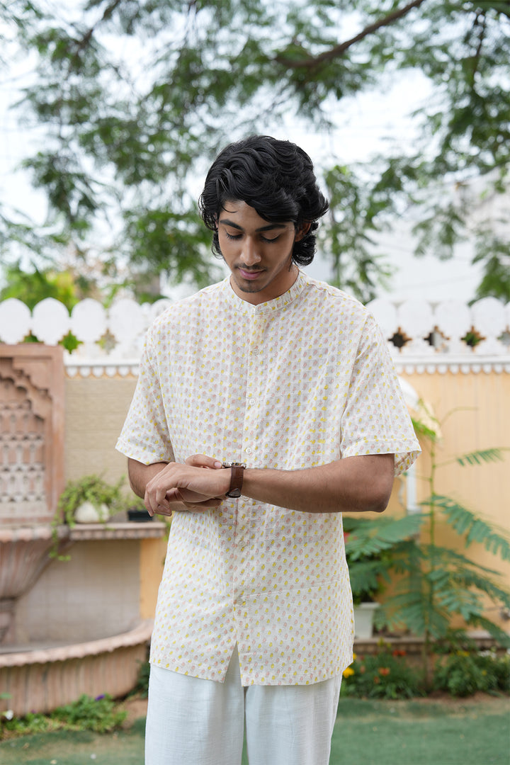 Vaayu Cream Block Printed Cotton Dobby Shirt
