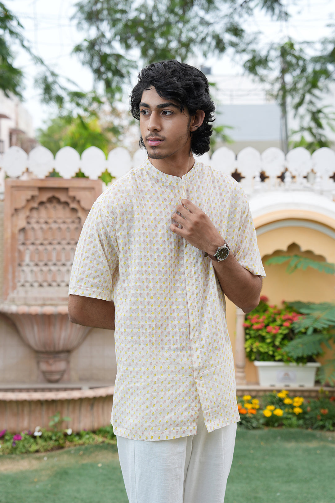 Vaayu Cream Block Printed Cotton Dobby Shirt