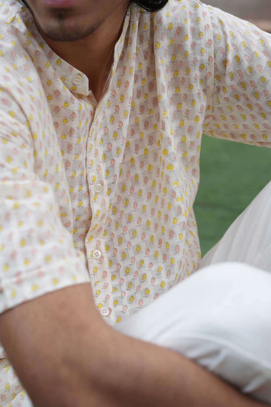 Vaayu Cream Block Printed Cotton Dobby Shirt