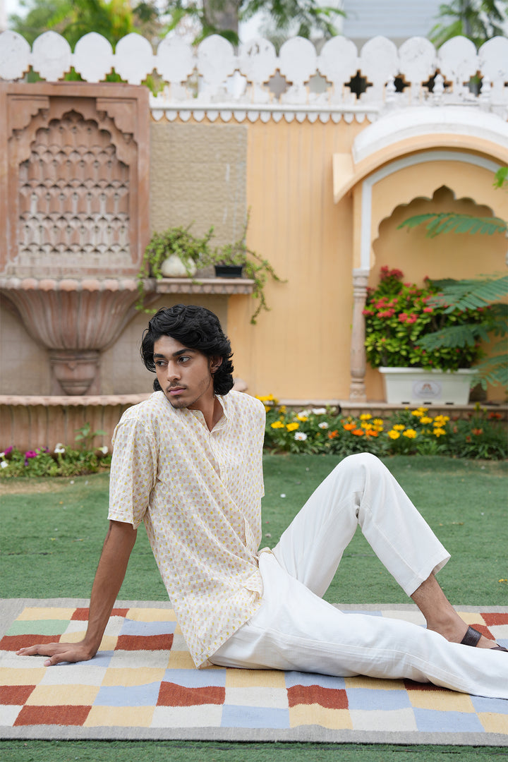 Vaayu Cream Block Printed Cotton Dobby Shirt