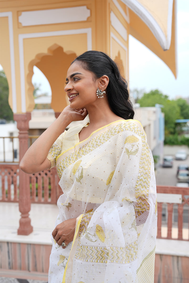 Pihu White & Yellow Block Printed Kota Doria Saree with Blouse