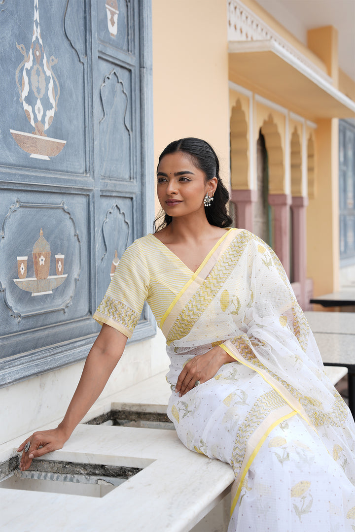 Pihu White & Yellow Block Printed Kota Doria Saree with Blouse