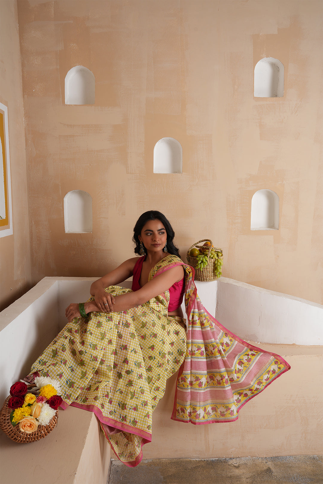 Aura Yellow Checks Chanderi Saree