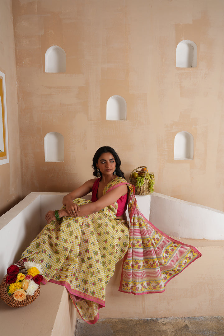 Aura Yellow Checks Chanderi Saree