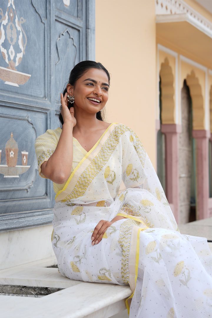 Pihu White & Yellow Block Printed Kota Doria Saree with Blouse