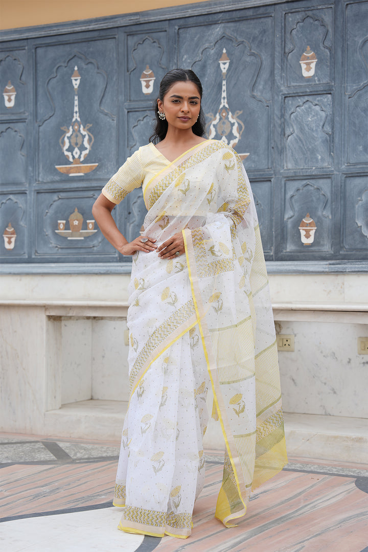 Pihu White & Yellow Block Printed Kota Doria Saree with Blouse