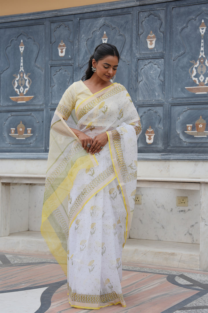 Pihu White & Yellow Block Printed Kota Doria Saree with Blouse