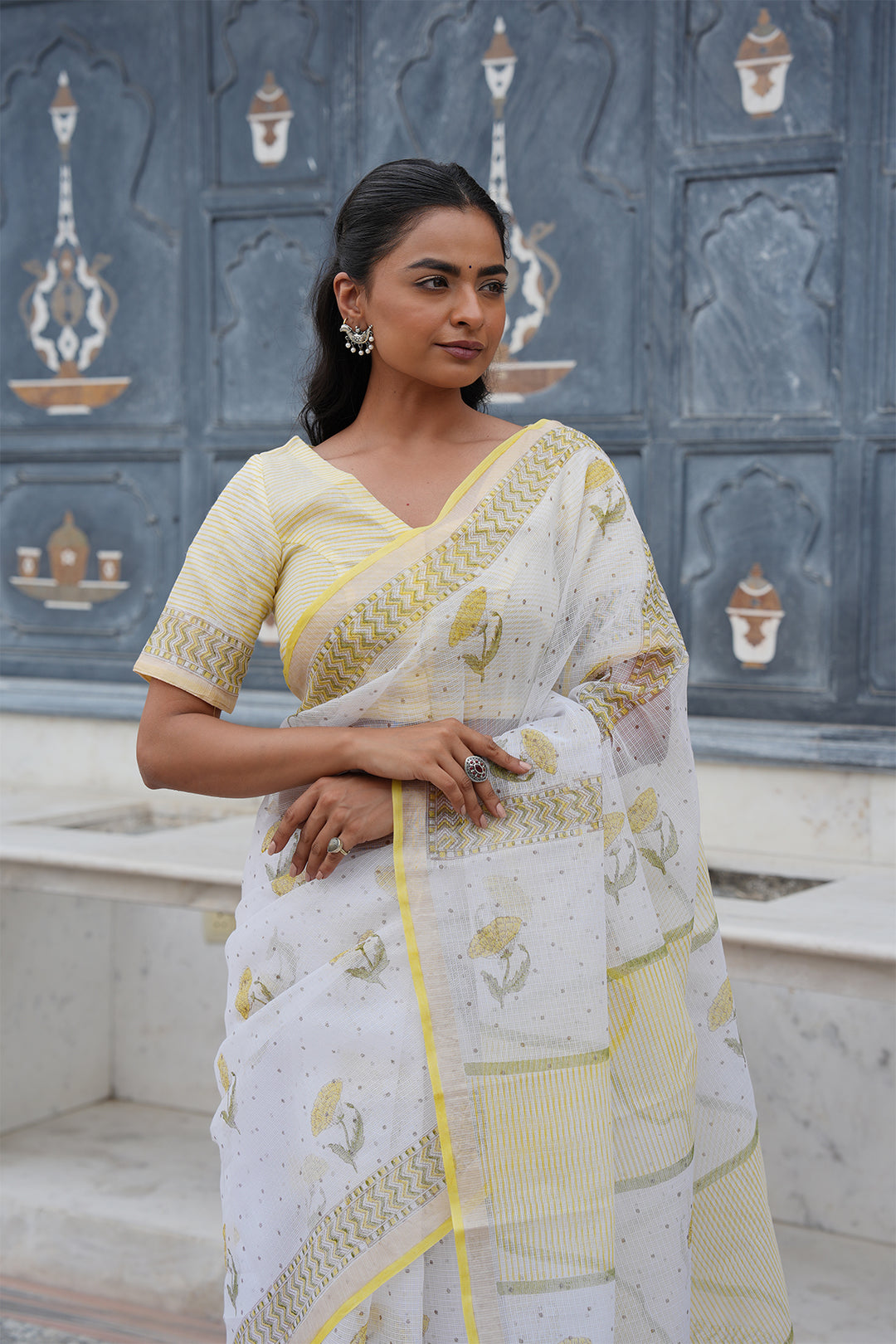 Pihu White & Yellow Block Printed Kota Doria Saree with Blouse