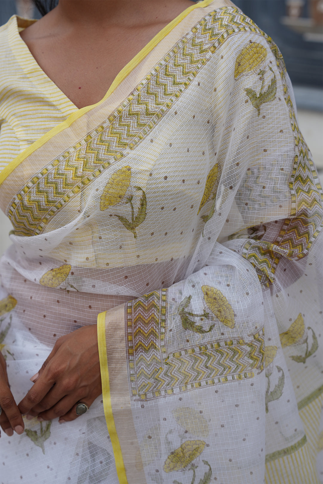 Pihu White & Yellow Block Printed Kota Doria Saree with Blouse