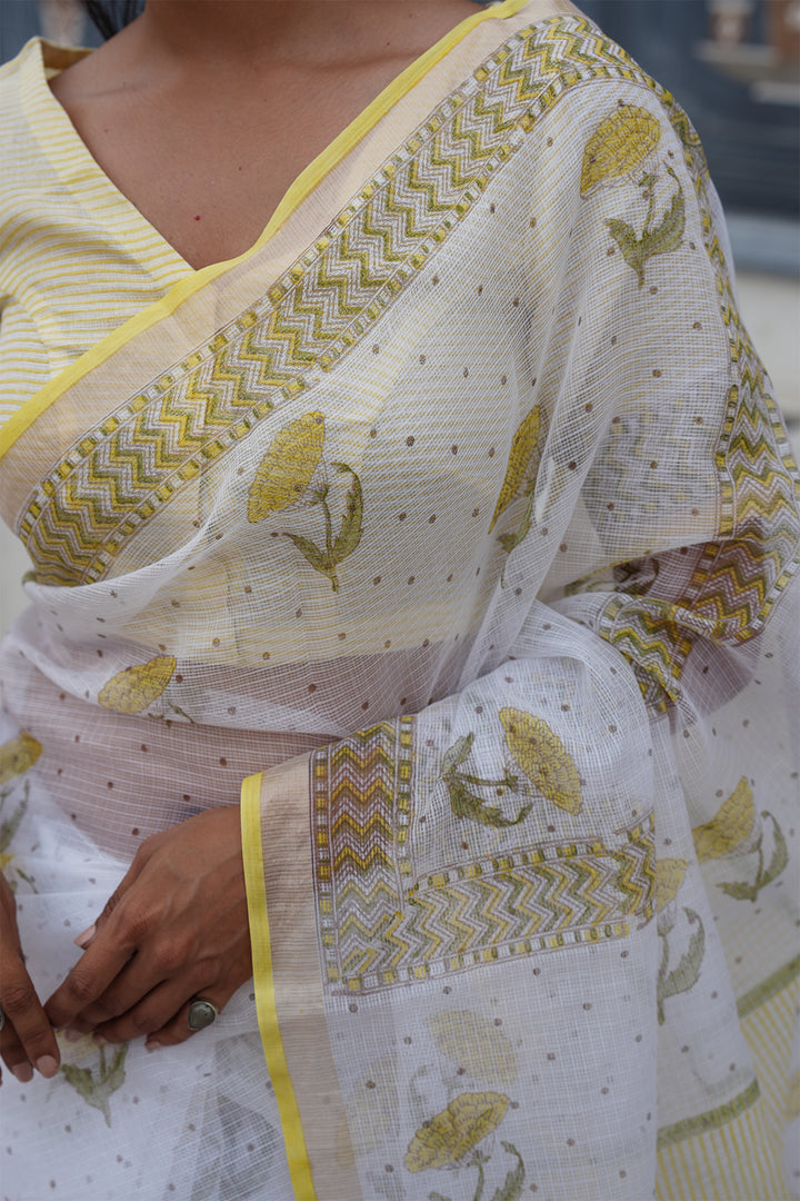 Pihu White & Yellow Block Printed Kota Doria Saree with Blouse