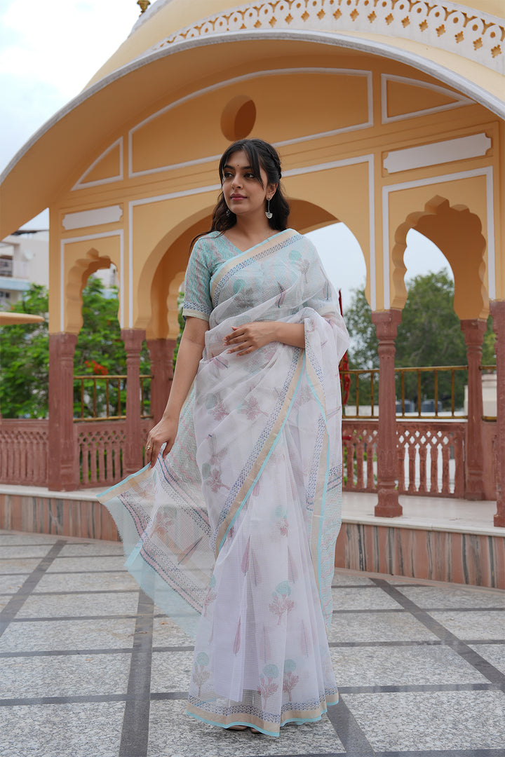 Pihu White & Turquoise Block Printed Kota Doria Saree with Blouse