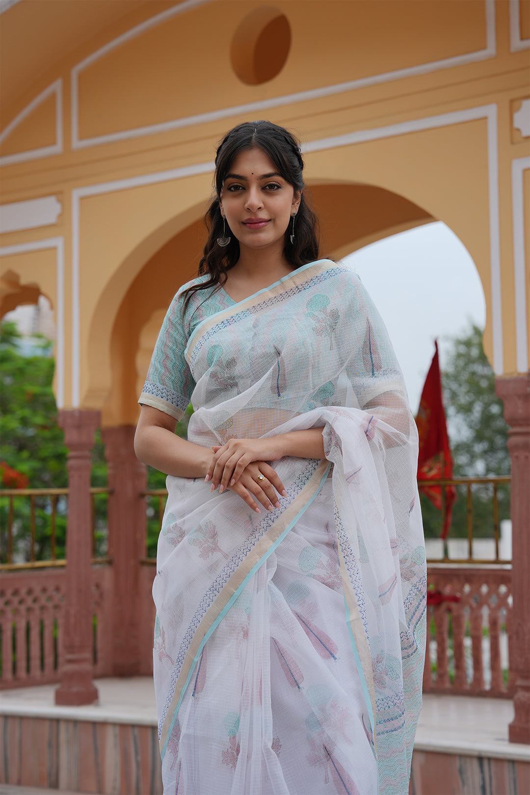 Pihu White & Turquoise Block Printed Kota Doria Saree with Blouse