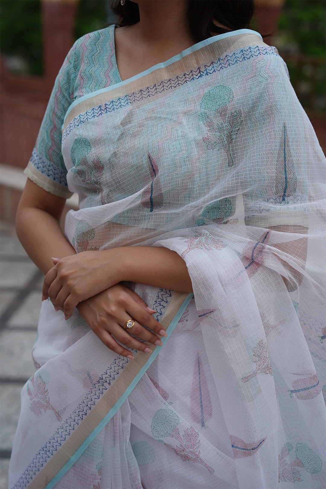 Pihu White & Turquoise Block Printed Kota Doria Saree with Blouse