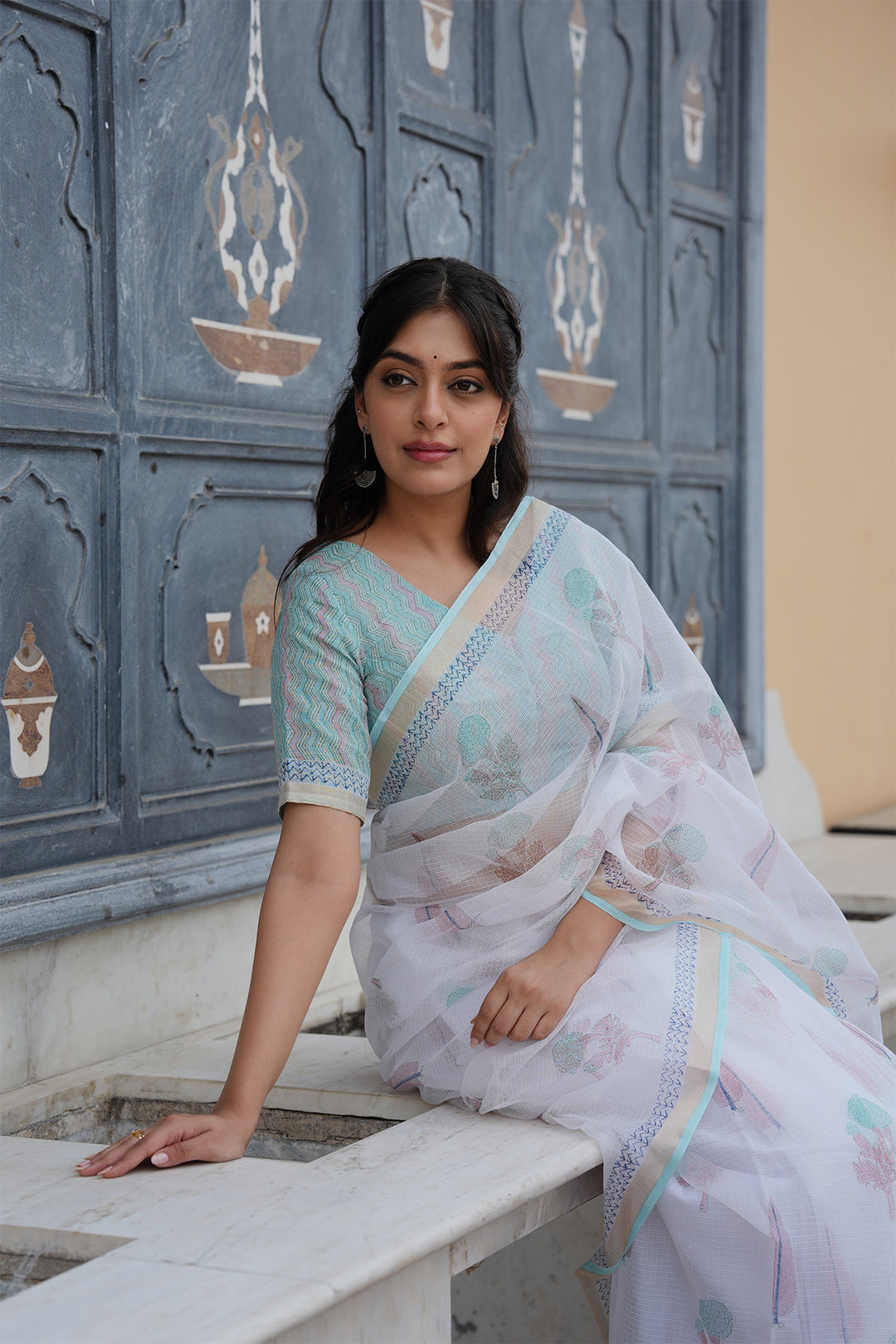Pihu White & Turquoise Block Printed Kota Doria Saree with Blouse