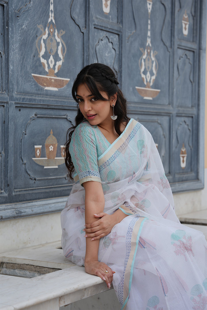Pihu White & Turquoise Block Printed Kota Doria Saree with Blouse