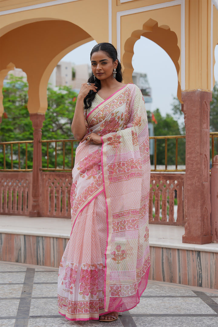 Pihu White & Pink Block Printed Kota Doria Saree with Blouse
