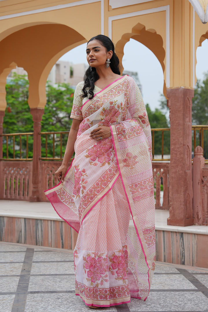 Pihu White & Pink Block Printed Kota Doria Saree with Blouse