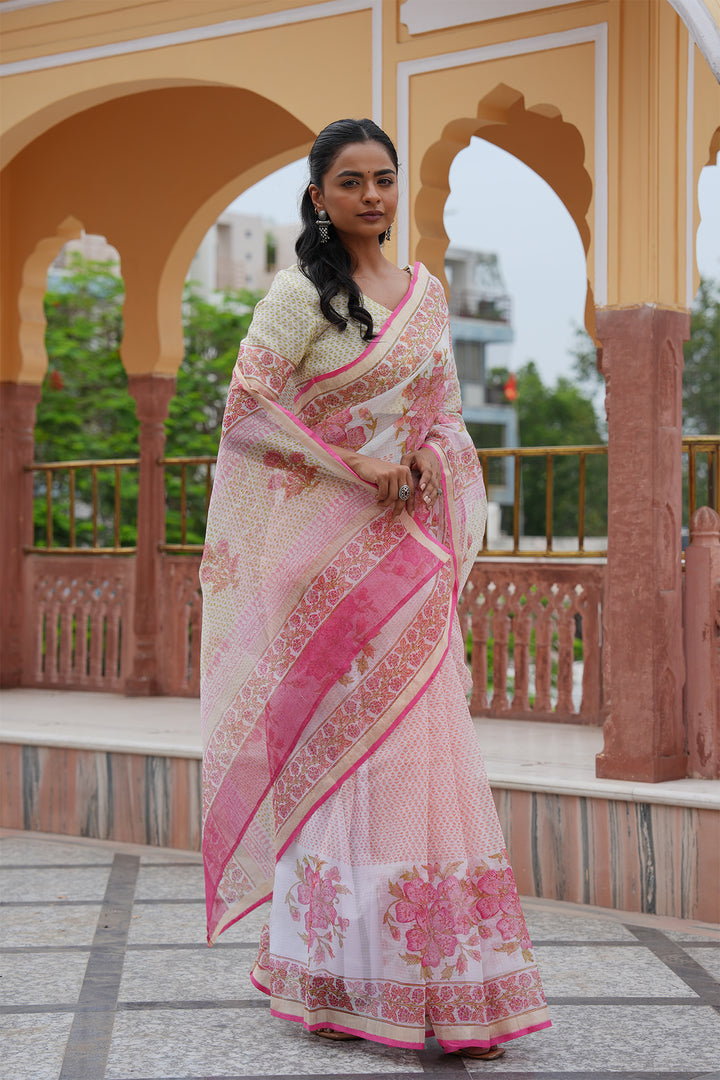 Pihu White & Pink Block Printed Kota Doria Saree with Blouse
