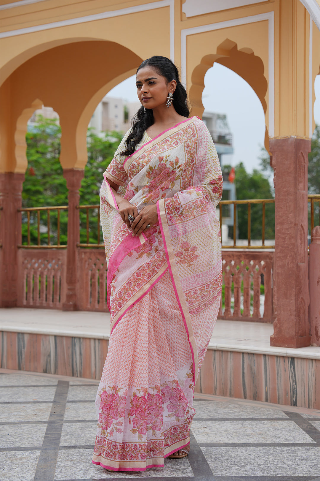 Pihu White & Pink Block Printed Kota Doria Saree with Blouse