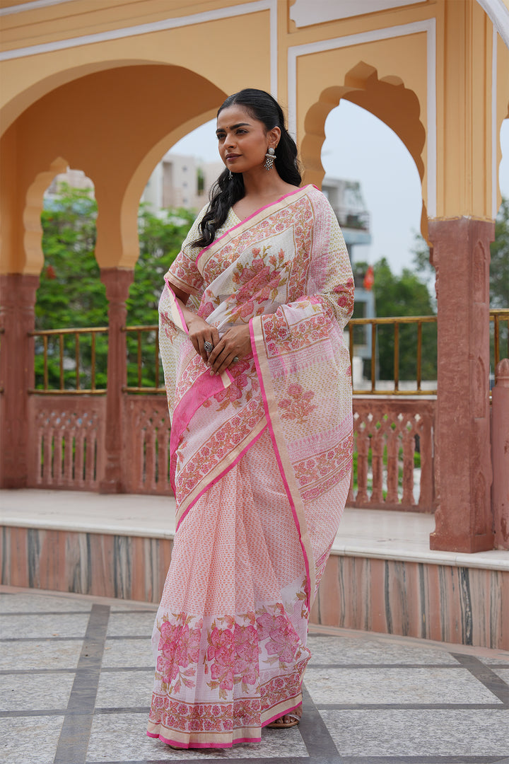 Pihu White & Pink Block Printed Kota Doria Saree with Blouse