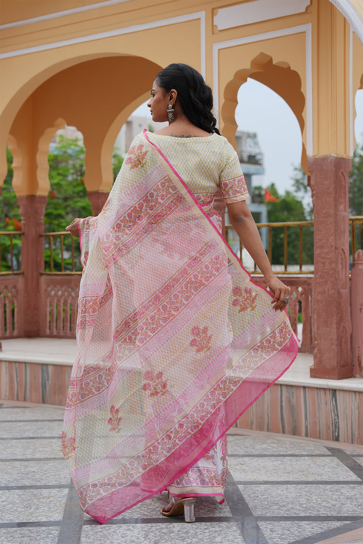 Pihu White & Pink Block Printed Kota Doria Saree with Blouse