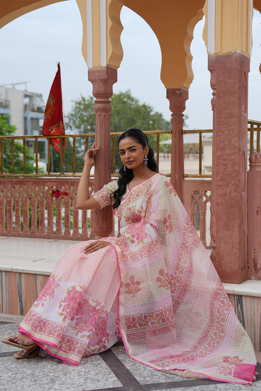 Pihu White & Pink Block Printed Kota Doria Saree with Blouse