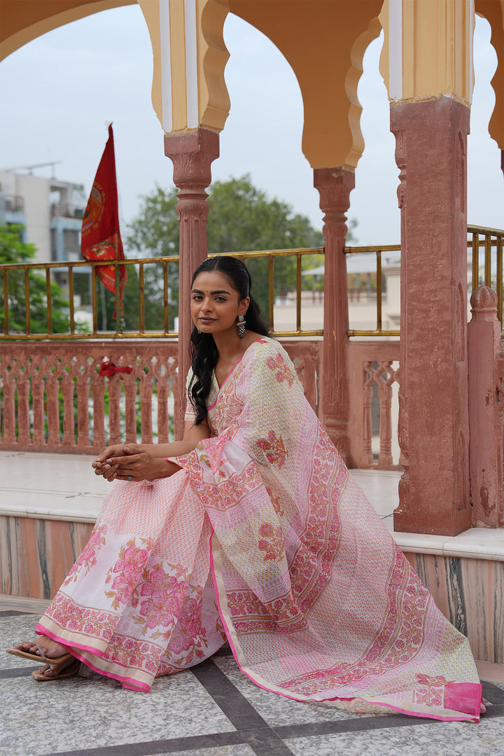 Pihu White & Pink Block Printed Kota Doria Saree with Blouse