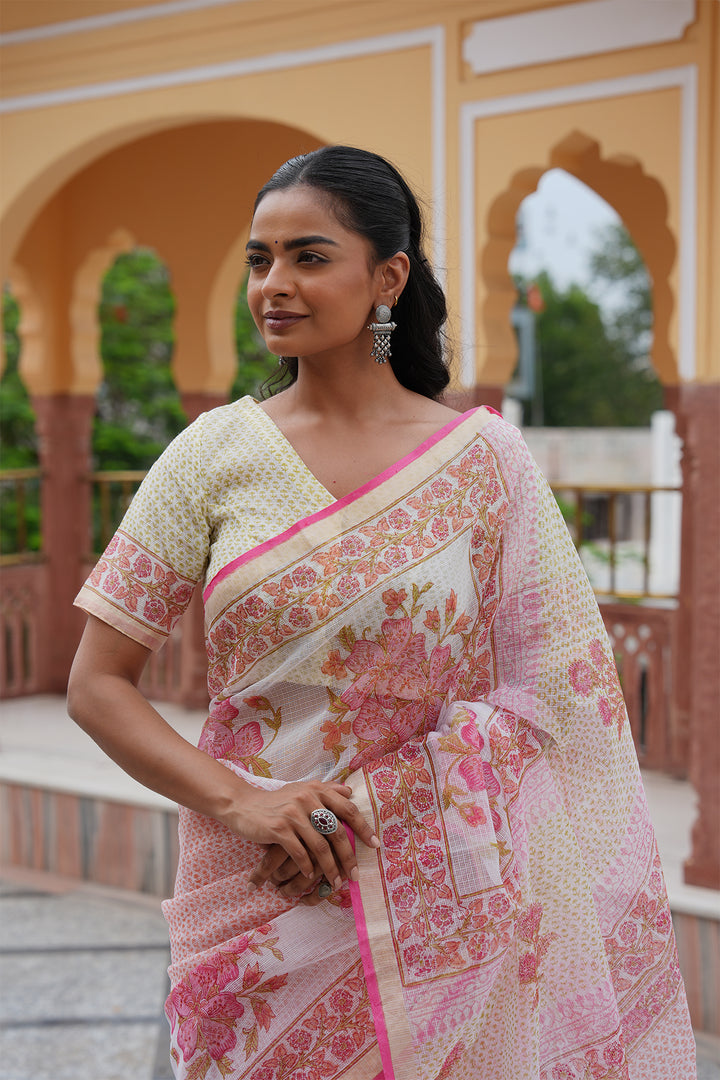 Pihu White & Pink Block Printed Kota Doria Saree with Blouse