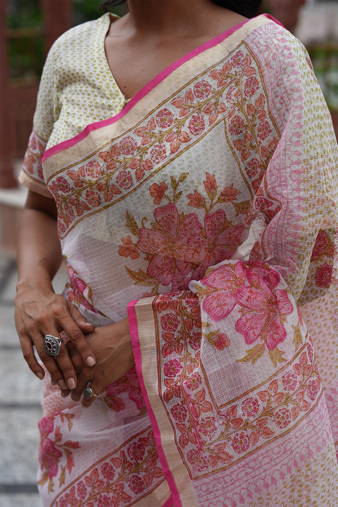 Pihu White & Pink Block Printed Kota Doria Saree with Blouse