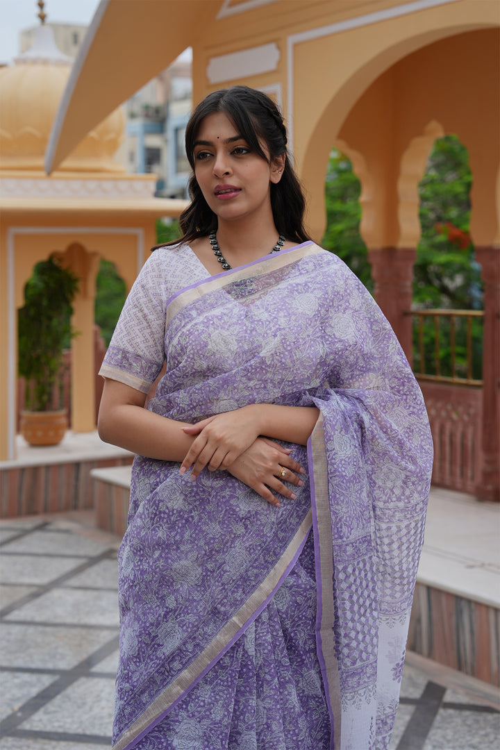 Pihu Purple Block Printed Kota Doria Saree with Blouse