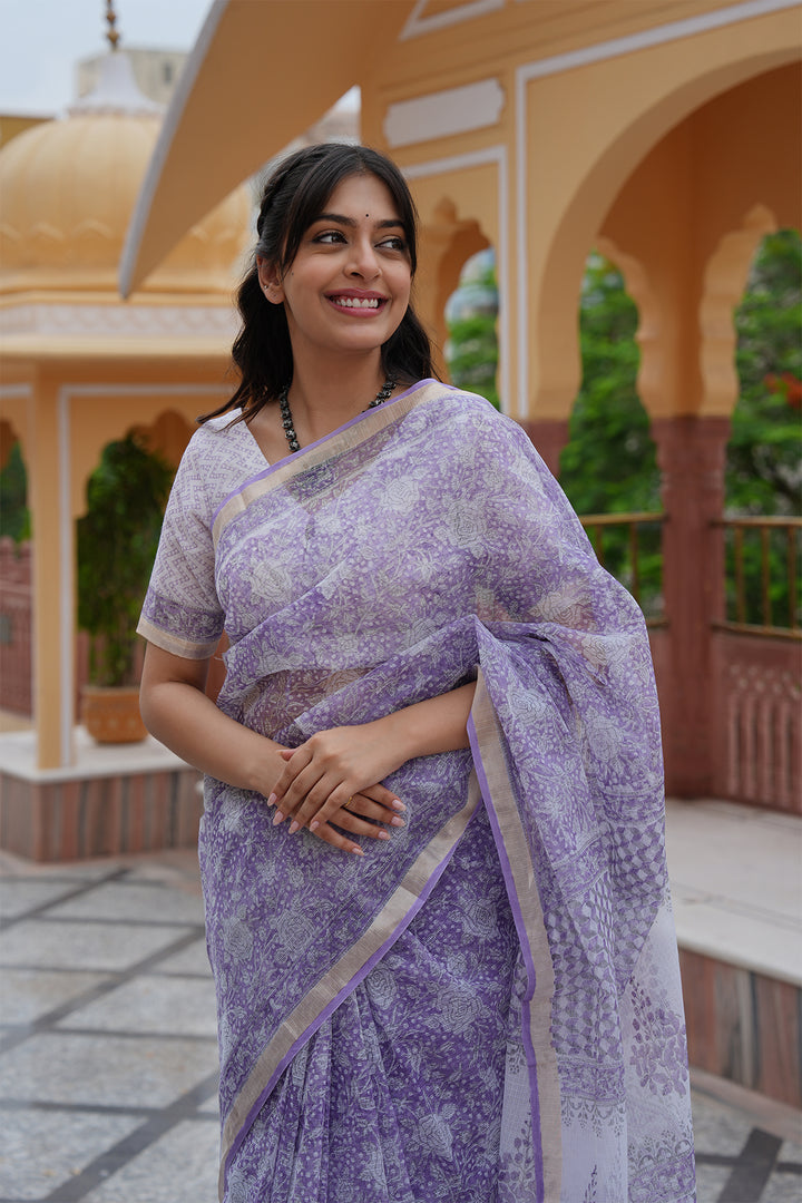Pihu Purple Block Printed Kota Doria Saree with Blouse