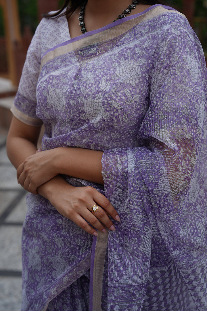 Pihu Purple Block Printed Kota Doria Saree with Blouse