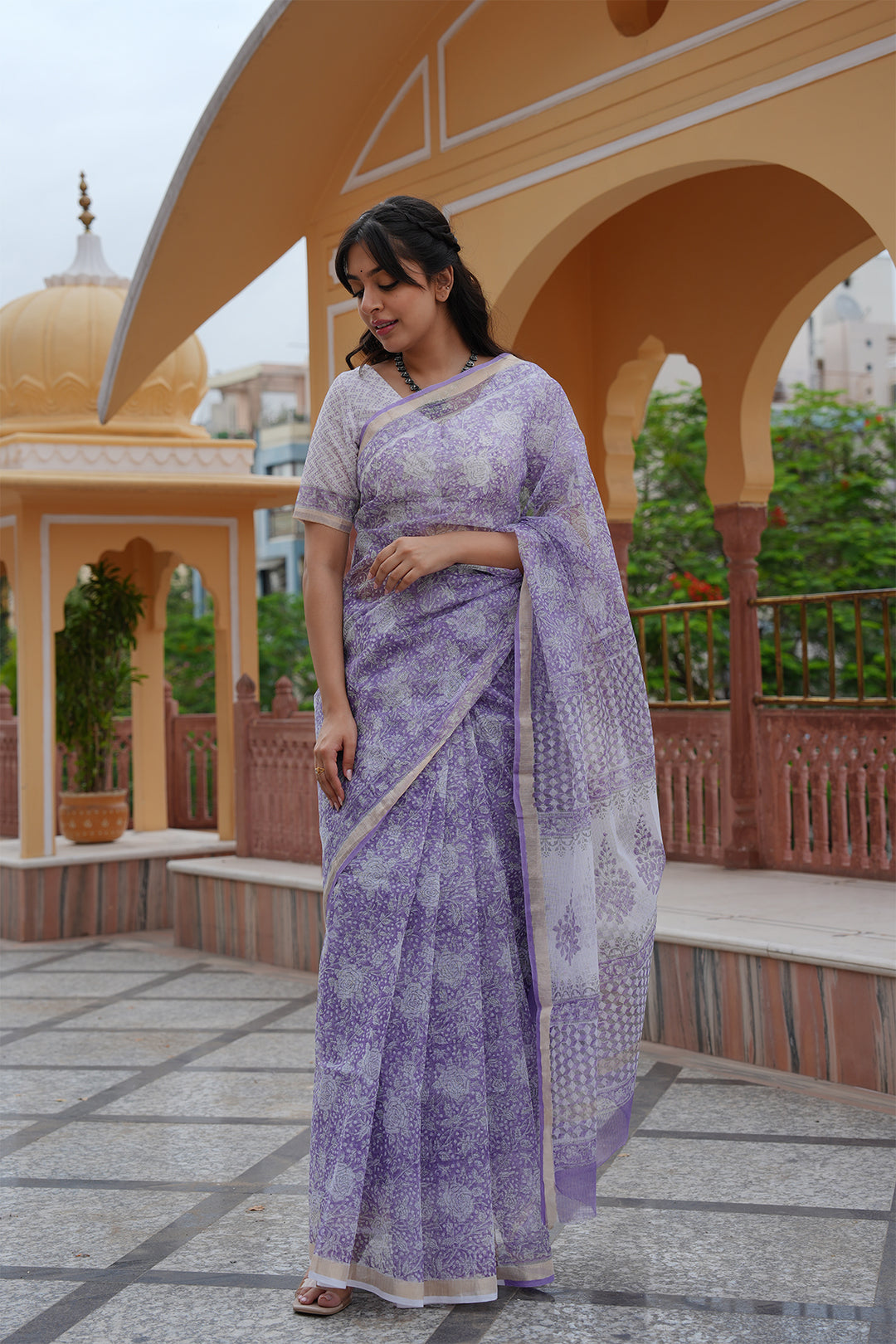 Pihu Purple Block Printed Kota Doria Saree with Blouse