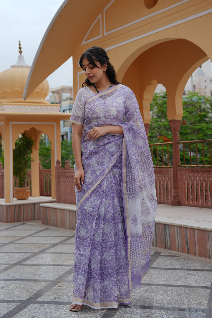 Pihu Purple Block Printed Kota Doria Saree with Blouse
